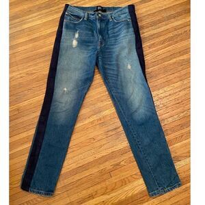 BDG Urban Outfitters slim dark wash jeans with navy stripes down sides